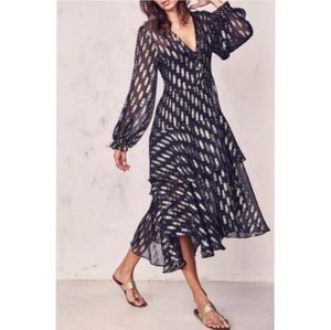 Classic LoveShackFancy Silk Chiffon Alexandra Gold Navy Royale Tiered Midi Dress